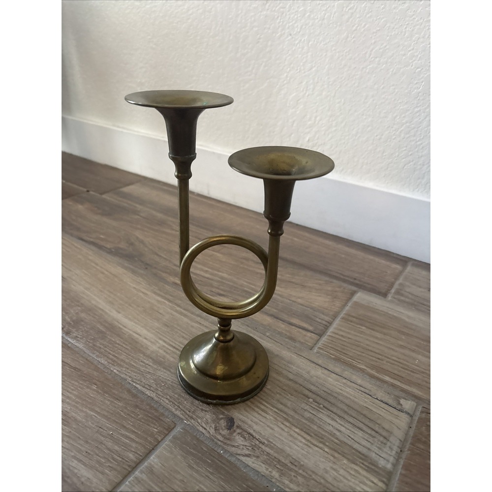 Brass Double Candle Holder  French Horn Trumpet Candlestick MCM ‎ 11" x 4"